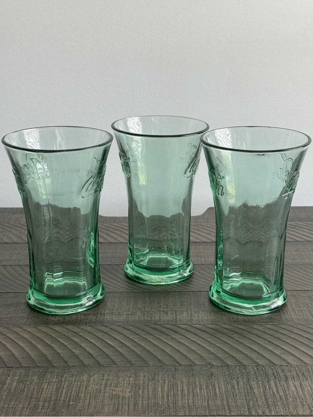 Vintage Coca Cola Coke Glasses Green Flared Tumbler Heavy 16 Oz Set of 3 - Picture 2 of 6